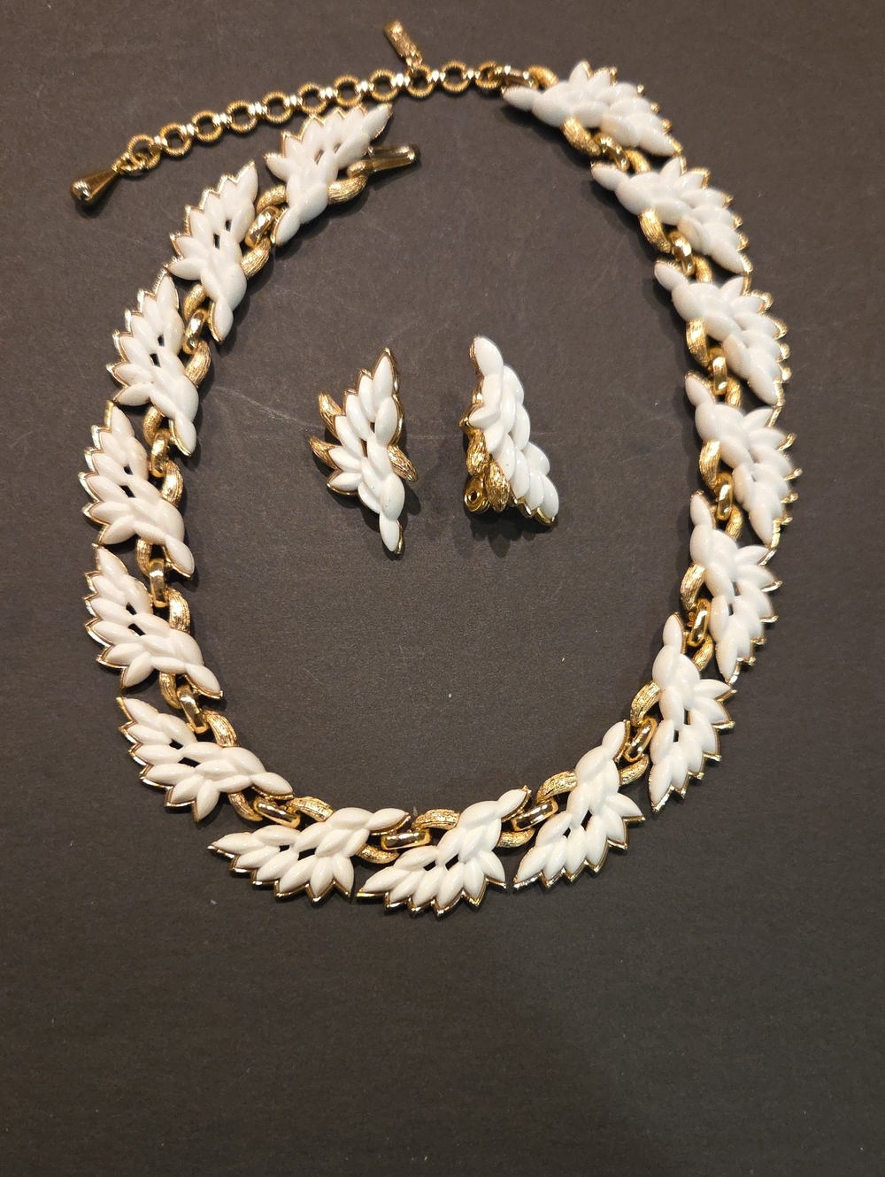 Vintage Monet Gold-Tone and White Leaf Motif Necklace with Clip-On Earrings